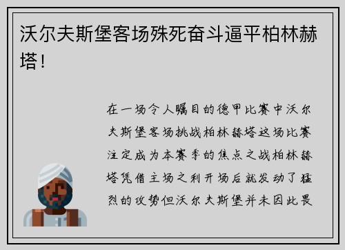 沃尔夫斯堡客场殊死奋斗逼平柏林赫塔！